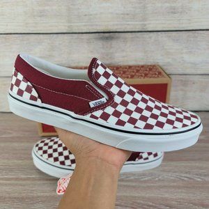 NEW Vans Classic Slip-on Maroon Checkered Women's Athletic Casual Skate Shoes